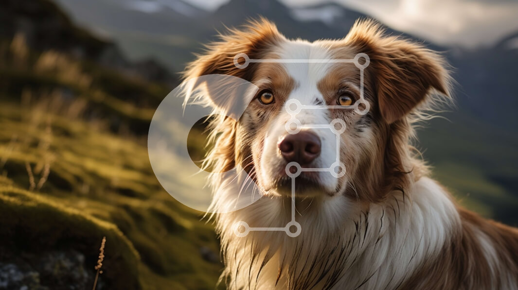 Σετ των 2 Intra Συλλεκτικό Ξύλινο Παζλ Plywood  4mm - Καφέ και λευκό σκυλί σε έναν χορταριασμένο λόφο με βουνά Σε Ξύλινο Κουτί - Διαστάσεις: 10x10 cm – 25 κομμάτια