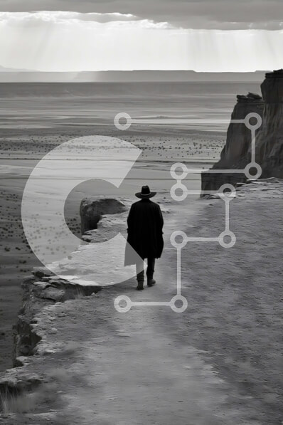 Intra Συλλεκτικό Ξύλινο Παζλ Plywood  4mm - Άνδρας με καουμπόικο καπέλο που περπατά προς τον γκρεμό με θέα στο υδάτινο σώμα Σε Ξύλινο Κουτί - Διαστάσεις Puzzle: 10x10 cm – 25 κομμάτια