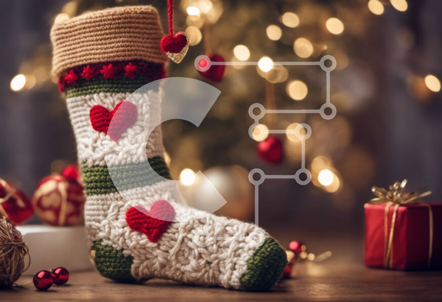 Intra Συλλεκτικό Ξύλινο Παζλ Plywood  4mm - Κροσέ κάλτσα με κόκκινες και λευκές καρδιές για εορταστική διακόσμηση Σε Ξύλινο Κουτί - Διαστάσεις: 10x10 cm – 25 κομμάτια