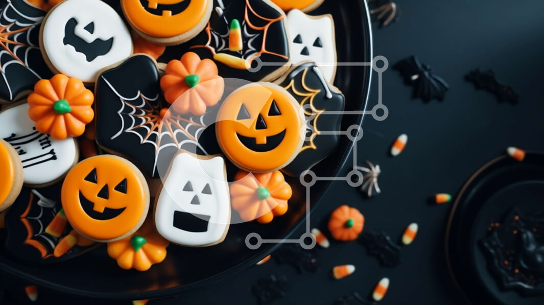 Σετ των 2 Intra Συλλεκτικό Ξύλινο Παζλ Plywood  4mm - Μπισκότα και καραμέλες με θέμα το Halloween σε ένα πορτοκαλί τραπεζομάντιλο Σε Ξύλινο Κουτί - Διαστάσεις: 10x10 cm – 25 κομμάτια