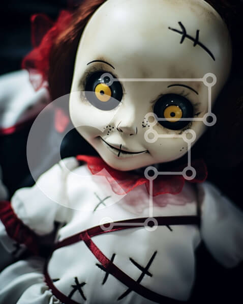 Intra Συλλεκτικό Ξύλινο Παζλ Plywood  4mm - Ανατριχιαστική κούκλα με μαύρα μάτια και κόκκινα χείλη Σε Ξύλινο Κουτί - Διαστάσεις Puzzle: 10x10 cm – 25 κομμάτια