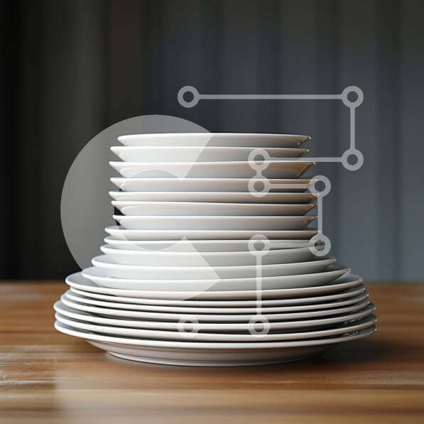 Intra Συλλεκτικό Ξύλινο Παζλ Plywood  4mm - Στοίβα από λευκά πορσελάνινα πιάτα σε ξύλινο τραπέζι Σε Ξύλινο Κουτί - Διαστάσεις Puzzle: 10x10 cm – 25 κομμάτια