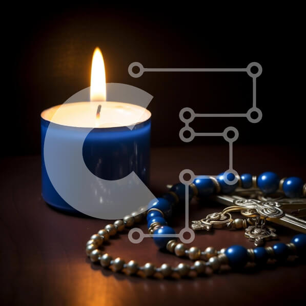 Intra Συλλεκτικό Ξύλινο Παζλ Plywood  4mm - Μπλε κερί, ροζάριο χάντρες και σταυρός σε τραπέζι Σε Ξύλινο Κουτί - Διαστάσεις Puzzle: 10x10 cm – 25 κομμάτια