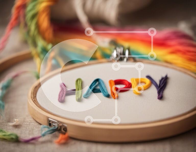 Intra Συλλεκτικό Ξύλινο Παζλ Plywood  4mm - Πολύχρωμο τσέρκι κεντήματος με τη λέξη «Ευτυχισμένος» Σε Ξύλινο Κουτί - Διαστάσεις Puzzle: 10x10 cm – 25 κομμάτια