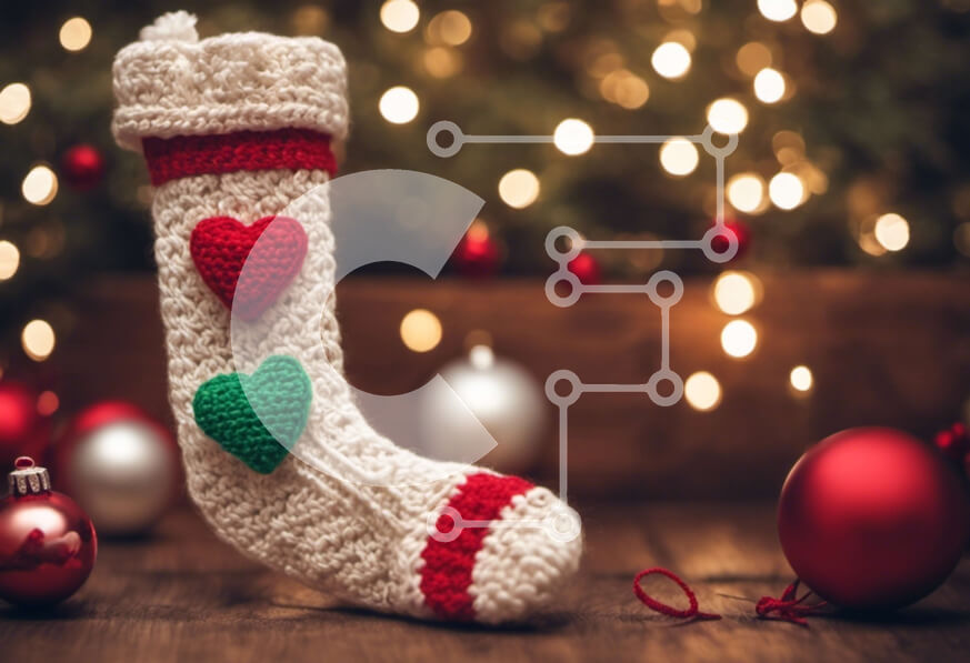 Intra Συλλεκτικό Ξύλινο Παζλ Plywood  4mm - Κροσέ κάλτσα με κόκκινες και λευκές καρδιές σε στολίδια Σε Ξύλινο Κουτί - Διαστάσεις: 10x10 cm – 25 κομμάτια