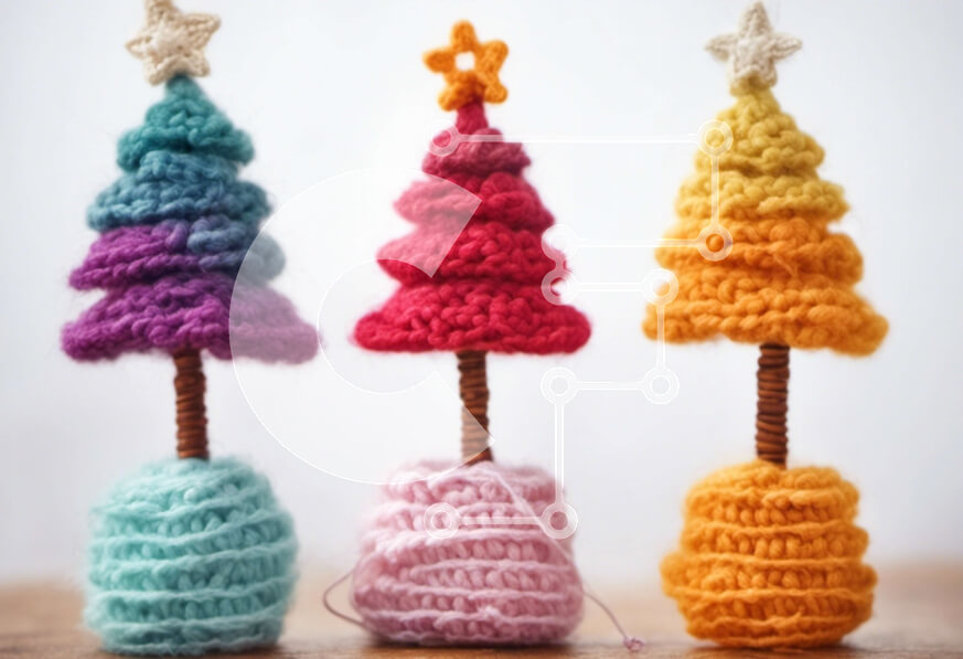 Intra Συλλεκτικό Ξύλινο Παζλ Plywood  4mm - Πολύχρωμα κροσέ χριστουγεννιάτικα δέντρα σε ξύλινο τραπέζι Σε Ξύλινο Κουτί - Διαστάσεις: 10x10 cm – 25 κομμάτια