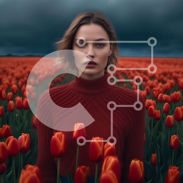 Intra Συλλεκτικό Ξύλινο Παζλ Plywood  4mm - Όμορφη εικόνα της γυναίκας με κόκκινο πουλόβερ στο πεδίο των κόκκινων τουλίπες με τον θυελλώδη ουρανό Σε Ξύλινο Κουτί - Διαστάσεις: 10x10 cm – 25 κομμάτια