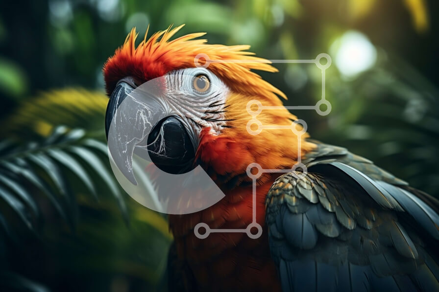 Σετ των 2 Intra Συλλεκτικό Ξύλινο Παζλ Plywood  4mm - Κοντινή όψη του κεφαλιού του παπαγάλου με φωτεινά πορτοκαλί φτερά Σε Ξύλινο Κουτί - Διαστάσεις: 10x10 cm – 25 κομμάτια