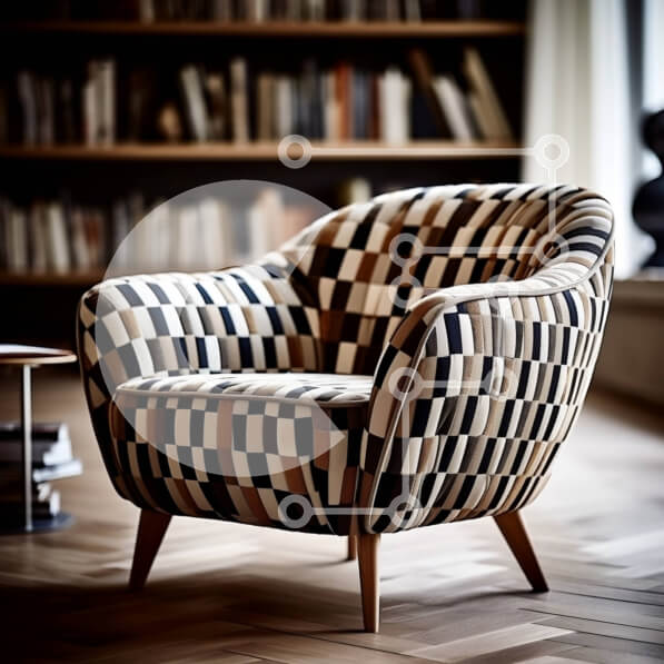 Intra Συλλεκτικό Ξύλινο Παζλ Plywood  4mm - Κομψή ασπρόμαυρη καρό πολυθρόνα σε ένα καλά φωτισμένο δωμάτιο με δάπεδα από σκληρό ξύλο και ράφι Σε Ξύλινο Κουτί - Διαστάσεις Puzzle: 10x10 cm – 25 κομμάτια