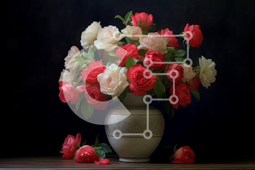 Intra Συλλεκτικό Ξύλινο Παζλ Plywood  4mm - Βάζο με κόκκινα και λευκά τριαντάφυλλα σε ένα ξύλινο τραπέζι Σε Ξύλινο Κουτί - Διαστάσεις: 10x10 cm – 25 κομμάτια