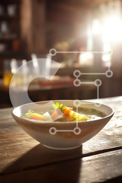 Σετ των 2 Intra Συλλεκτικό Ξύλινο Παζλ Plywood  4mm - Νόστιμη σούπα με λαχανικά και νουντλς σε ξύλινο τραπέζι Σε Ξύλινο Κουτί - Διαστάσεις: 10x10 cm – 25 κομμάτια