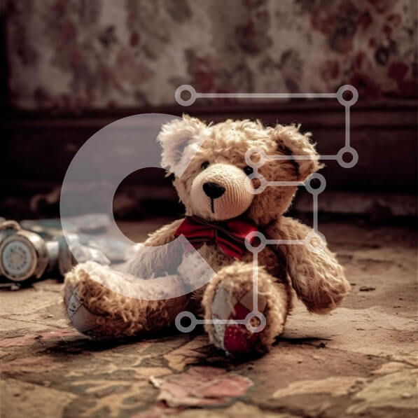 Intra Συλλεκτικό Ξύλινο Παζλ Plywood  4mm - Το αρκουδάκι κάθεται στο πάτωμα σε ένα δωμάτιο με κατεστραμμένους τοίχους και συντρίμμια Σε Ξύλινο Κουτί - Διαστάσεις Puzzle: 10x10 cm – 25 κομμάτια