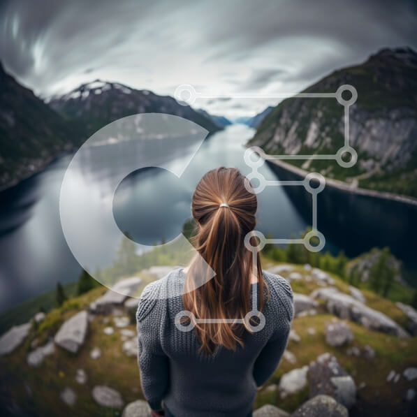 Intra Συλλεκτικό Ξύλινο Παζλ Plywood  4mm - Γυναίκα που στέκεται στον γκρεμό με θέα στο νερό και τα βουνά Σε Ξύλινο Κουτί - Διαστάσεις: 10x10 cm – 25 κομμάτια