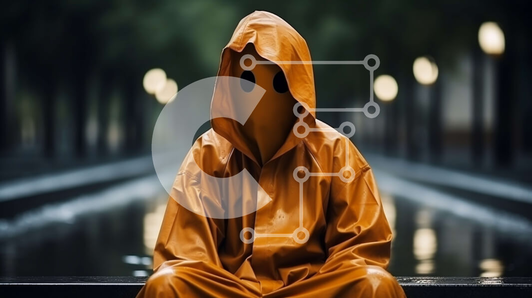 Intra Συλλεκτικό Ξύλινο Παζλ Plywood  4mm - Άτομο με πορτοκαλί αδιάβροχο που κάθεται στον πάγκο στο πάρκο με το σιντριβάνι Σε Ξύλινο Κουτί - Διαστάσεις Puzzle: 10x10 cm – 25 κομμάτια