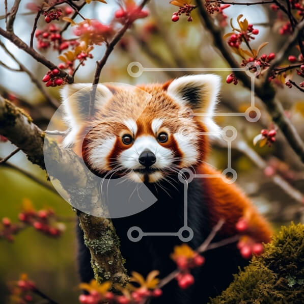 Intra Συλλεκτικό Ξύλινο Παζλ Plywood  4mm - Αξιολάτρευτο κόκκινο Panda που κάθεται σε ένα κλαδί δέντρου με κόκκινα μούρα Σε Ξύλινο Κουτί - Διαστάσεις: 10x10 cm – 25 κομμάτια