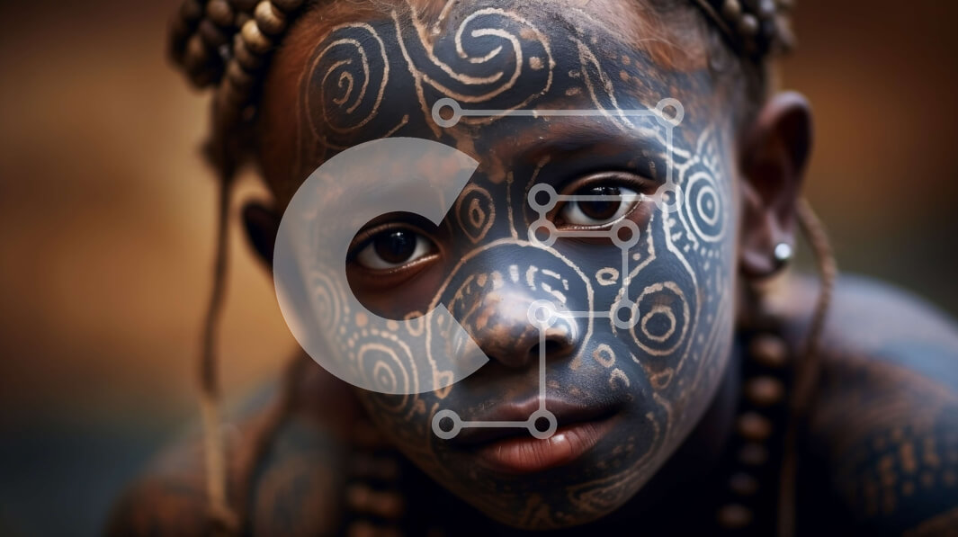 Intra Συλλεκτικό Ξύλινο Παζλ Plywood  4mm - Κοντινό πλάνο πορτρέτο ενός νεαρού κοριτσιού με περίπλοκα φυλετικά σημάδια Σε Ξύλινο Κουτί - Διαστάσεις Puzzle: 10x10 cm – 25 κομμάτια