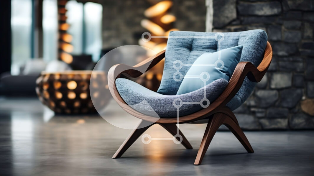 Intra Συλλεκτικό Ξύλινο Παζλ Plywood  4mm - Μπλε πολυθρόνα σε ευρύχωρο δωμάτιο με πέτρινους τοίχους και τζάκι Σε Ξύλινο Κουτί - Διαστάσεις Puzzle: 10x10 cm – 25 κομμάτια