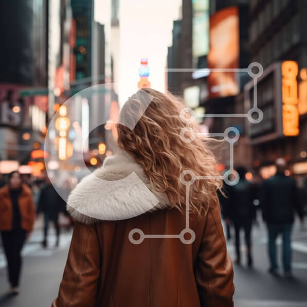 Intra Συλλεκτικό Ξύλινο Παζλ Plywood  4mm - Γυναίκα με καφέ δερμάτινο μπουφάν που περπατά στην οδό της πόλης στο σούρουπο Σε Ξύλινο Κουτί - Διαστάσεις Puzzle: 10x10 cm – 25 κομμάτια