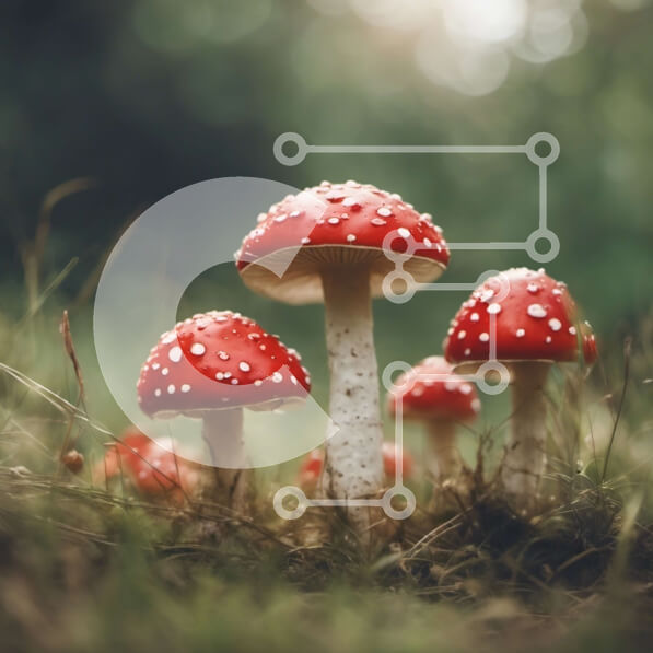 Intra Συλλεκτικό Ξύλινο Παζλ Plywood  4mm - Ομάδα κόκκινων μανιταριών σε ένα χορταριασμένο χωράφι Σε Ξύλινο Κουτί - Διαστάσεις: 10x10 cm – 25 κομμάτια