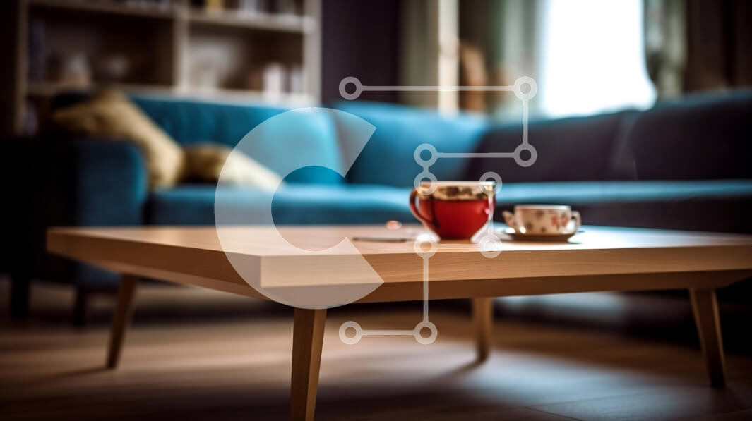 Intra Συλλεκτικό Ξύλινο Παζλ Plywood  4mm - Κομψό και μοντέρνο ξύλινο τραπεζάκι σαλονιού με μπλε καναπέ σε φόντο Σε Ξύλινο Κουτί - Διαστάσεις Puzzle: 10x10 cm – 25 κομμάτια