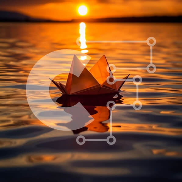 Intra Συλλεκτικό Ξύλινο Παζλ Plywood  4mm - Ειρηνική εικόνα ενός σκάφους Origami σε ήρεμο νερό στο ηλιοβασίλεμα Σε Ξύλινο Κουτί - Διαστάσεις: 10x10 cm – 25 κομμάτια