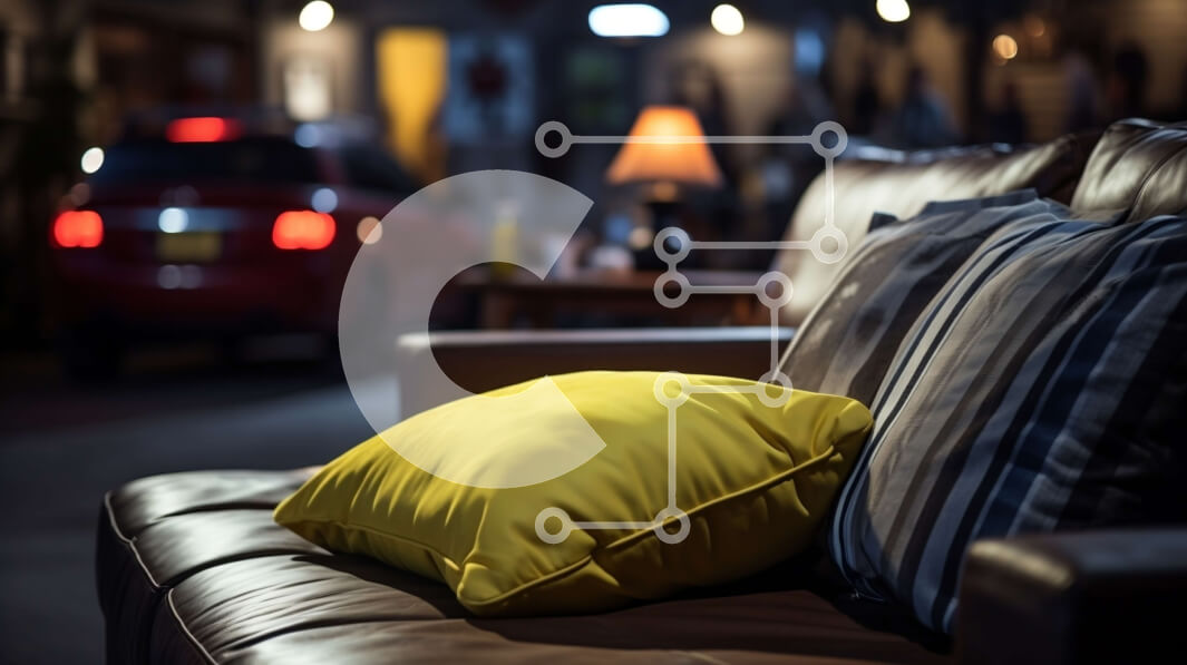 Intra Συλλεκτικό Ξύλινο Παζλ Plywood  4mm - Κίτρινο μαξιλάρι στον καναπέ στο δωμάτιο με χαμηλό φωτισμό Σε Ξύλινο Κουτί - Διαστάσεις Puzzle: 10x10 cm – 25 κομμάτια