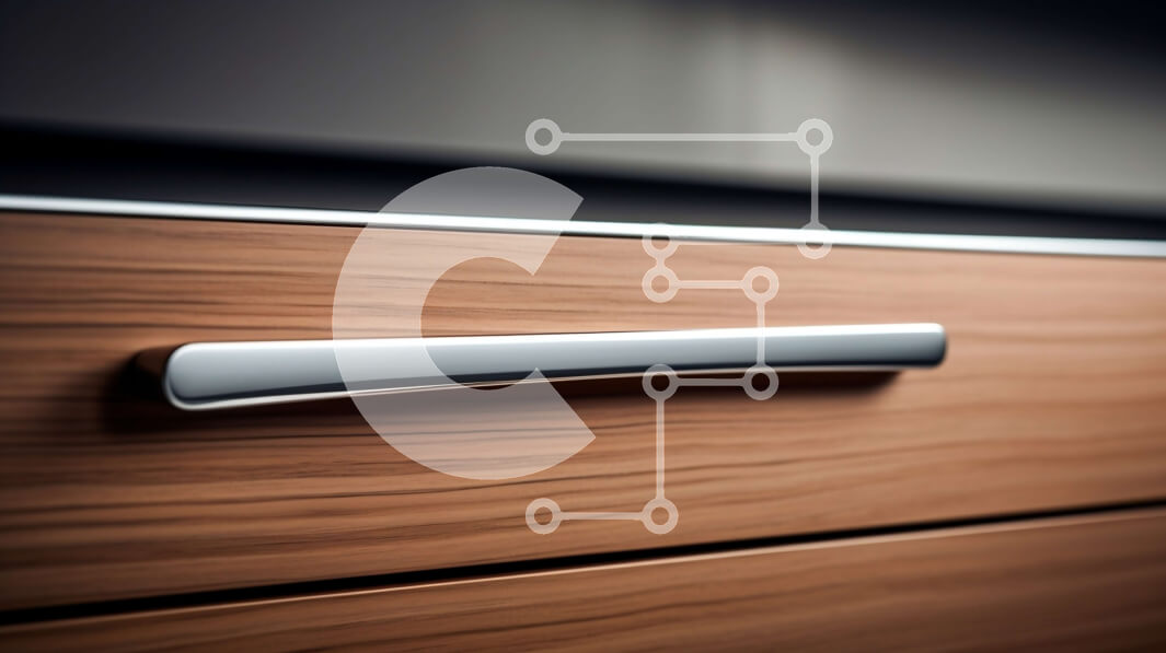 Intra Συλλεκτικό Ξύλινο Παζλ Plywood  4mm - Κοντινό πλάνο ξύλινου ντουλαπιού κουζίνας με λαβή χρωμίου Σε Ξύλινο Κουτί - Διαστάσεις Puzzle: 10x10 cm – 25 κομμάτια