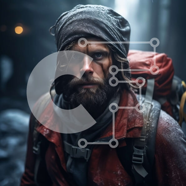 Intra Συλλεκτικό Ξύλινο Παζλ Plywood  4mm - Σοβαρός γενειοφόρος πεζοπόρος στο Misty Forest με σακίδιο και ραβδί Σε Ξύλινο Κουτί - Διαστάσεις Puzzle: 10x10 cm – 25 κομμάτια