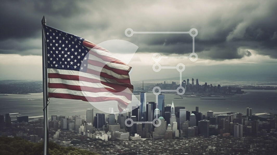 Intra Συλλεκτικό Ξύλινο Παζλ Plywood  4mm - Πατριωτική εικόνα της αμερικανικής σημαίας και του ορίζοντα της πόλης σε μια θυελλώδη ημέρα Σε Ξύλινο Κουτί - Διαστάσεις Puzzle: 10x10 cm – 25 κομμάτια