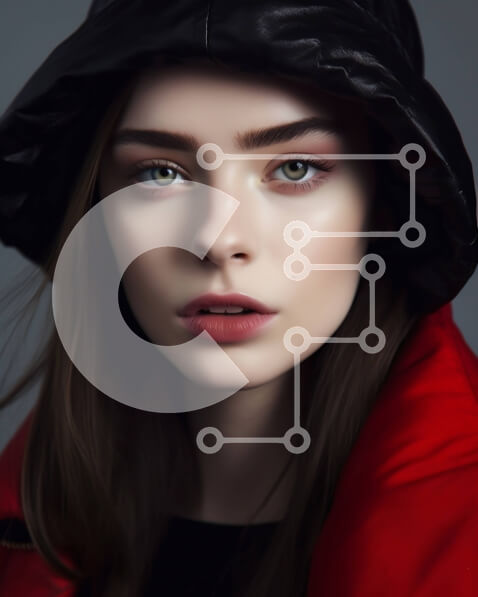 Intra Συλλεκτικό Ξύλινο Παζλ Plywood  4mm - Νεαρή γυναίκα με μαύρο δερμάτινο μπουφάν και κόκκινο κασκόλ με σοβαρή έκφραση Σε Ξύλινο Κουτί - Διαστάσεις Puzzle: 10x10 cm – 25 κομμάτια