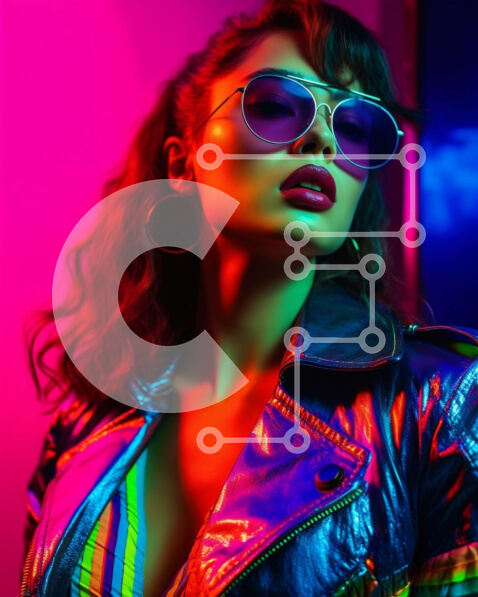 Intra Συλλεκτικό Ξύλινο Παζλ Plywood  4mm - Κομψή γυναίκα με δερμάτινο μπουφάν και γυαλιά ηλίου μπροστά από νέον φόντο Σε Ξύλινο Κουτί - Διαστάσεις Puzzle: 10x10 cm – 25 κομμάτια