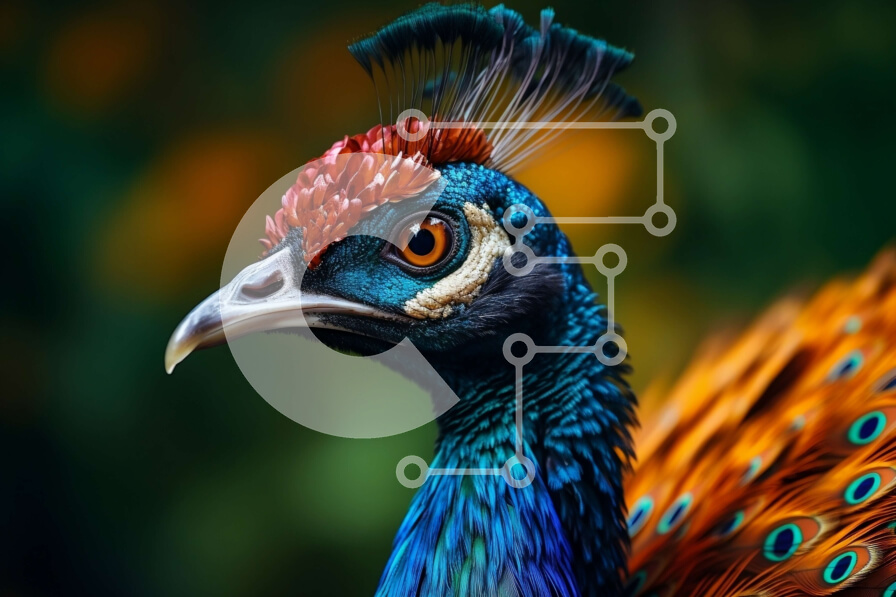 Σετ των 2 Intra Συλλεκτικό Ξύλινο Παζλ Plywood  4mm - Κοντινό πλάνο του κεφαλιού ενός παγωνιού με πολύχρωμα φτερά Σε Ξύλινο Κουτί - Διαστάσεις: 10x10 cm – 25 κομμάτια