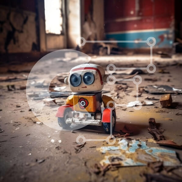 Intra Συλλεκτικό Ξύλινο Παζλ Plywood  4mm - Εγκαταλελειμμένο δωμάτιο με παιχνίδι ρομπότ στη μέση Σε Ξύλινο Κουτί - Διαστάσεις: 10x10 cm – 25 κομμάτια