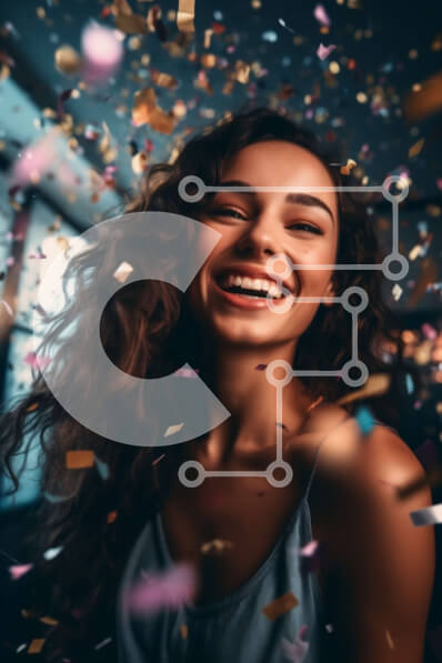 Intra Συλλεκτικό Ξύλινο Παζλ Plywood  4mm - Χαμογελαστή γυναίκα με μαύρο φόρεμα που περιβάλλεται από κομφετί που πέφτουν Σε Ξύλινο Κουτί - Διαστάσεις Puzzle: 10x10 cm – 25 κομμάτια