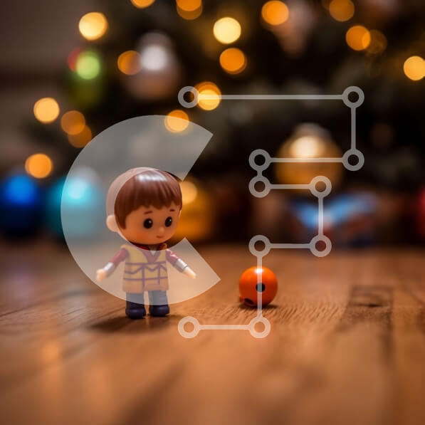 Intra Συλλεκτικό Ξύλινο Παζλ Plywood  4mm - Μικρό κόκκινο παιχνίδι αυτοκίνητο σε ένα ξύλινο πάτωμα μπροστά από το χριστουγεννιάτικο δέντρο Σε Ξύλινο Κουτί - Διαστάσεις: 10x10 cm – 25 κομμάτια