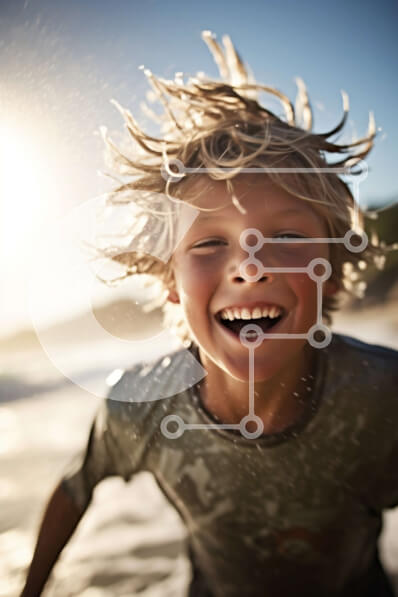 Intra Συλλεκτικό Ξύλινο Παζλ Plywood  4mm - Χαμογελαστό αγόρι στην παραλία με τον άνεμο που φυσάει μαλλιά Σε Ξύλινο Κουτί - Διαστάσεις Puzzle: 10x10 cm – 25 κομμάτια