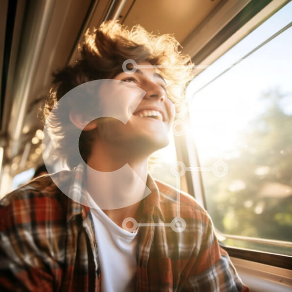 Intra Συλλεκτικό Ξύλινο Παζλ Plywood  4mm - Χαμογελαστός νεαρός άνδρας που κοιτάζει έξω από το παράθυρο του τρένου Σε Ξύλινο Κουτί - Διαστάσεις Puzzle: 10x10 cm – 25 κομμάτια