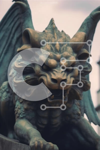 Intra Συλλεκτικό Ξύλινο Παζλ Plywood  4mm - Πολύπλοκα λεπτομερές άγαλμα πράσινου δράκου με θέα στην οδό της πόλης Σε Ξύλινο Κουτί - Διαστάσεις Puzzle: 10x10 cm – 25 κομμάτια