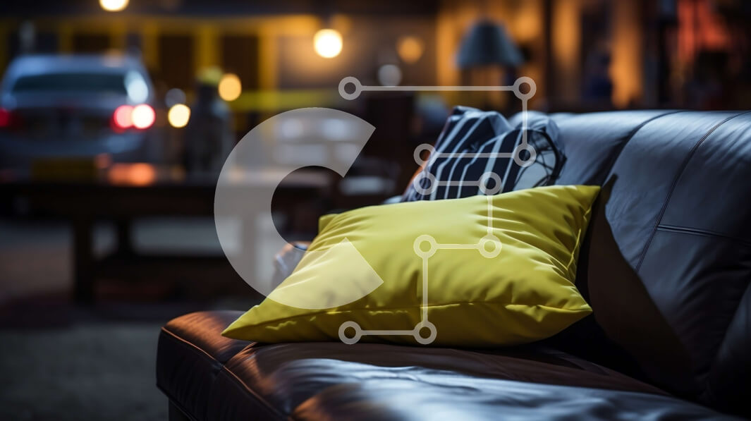 Intra Συλλεκτικό Ξύλινο Παζλ Plywood  4mm - Κίτρινο μαξιλάρι σε μαύρο δερμάτινο καναπέ σε δωμάτιο με χαμηλό φωτισμό Σε Ξύλινο Κουτί - Διαστάσεις Puzzle: 10x10 cm – 25 κομμάτια