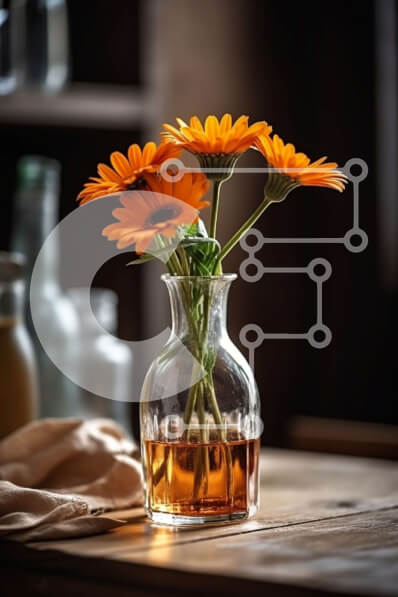 Intra Συλλεκτικό Ξύλινο Παζλ Plywood  4mm - Όμορφη εικόνα από πορτοκαλί μαργαρίτες σε ένα κομψό βάζο σε ένα ξύλινο τραπέζι Σε Ξύλινο Κουτί - Διαστάσεις Puzzle: 10x10 cm – 25 κομμάτια