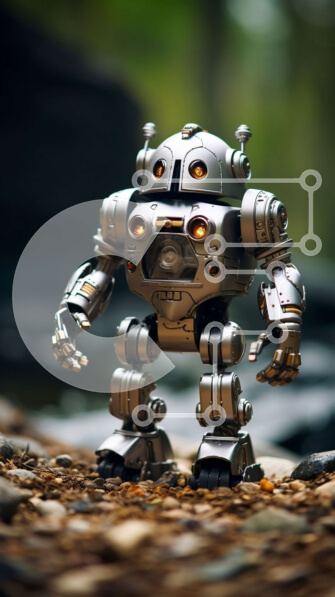 Intra Συλλεκτικό Ξύλινο Παζλ Plywood  4mm - Φουτουριστικό ρομπότ που στέκεται στο βραχώδες έδαφος Σε Ξύλινο Κουτί - Διαστάσεις Puzzle: 10x10 cm – 25 κομμάτια