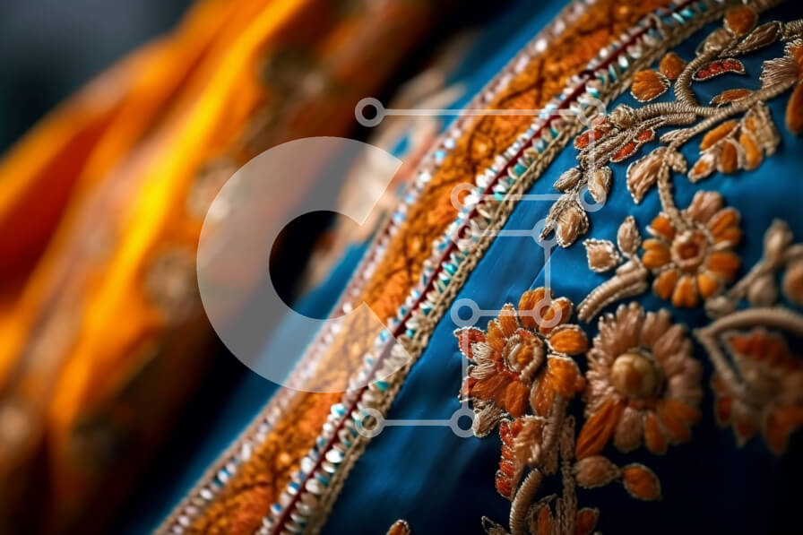 Intra Συλλεκτικό Ξύλινο Παζλ Plywood  4mm - Ζωντανό και κομψό μπλε και πορτοκαλί Sari με περίπλοκα χρυσοκέντημα Σε Ξύλινο Κουτί - Διαστάσεις Puzzle: 10x10 cm – 25 κομμάτια