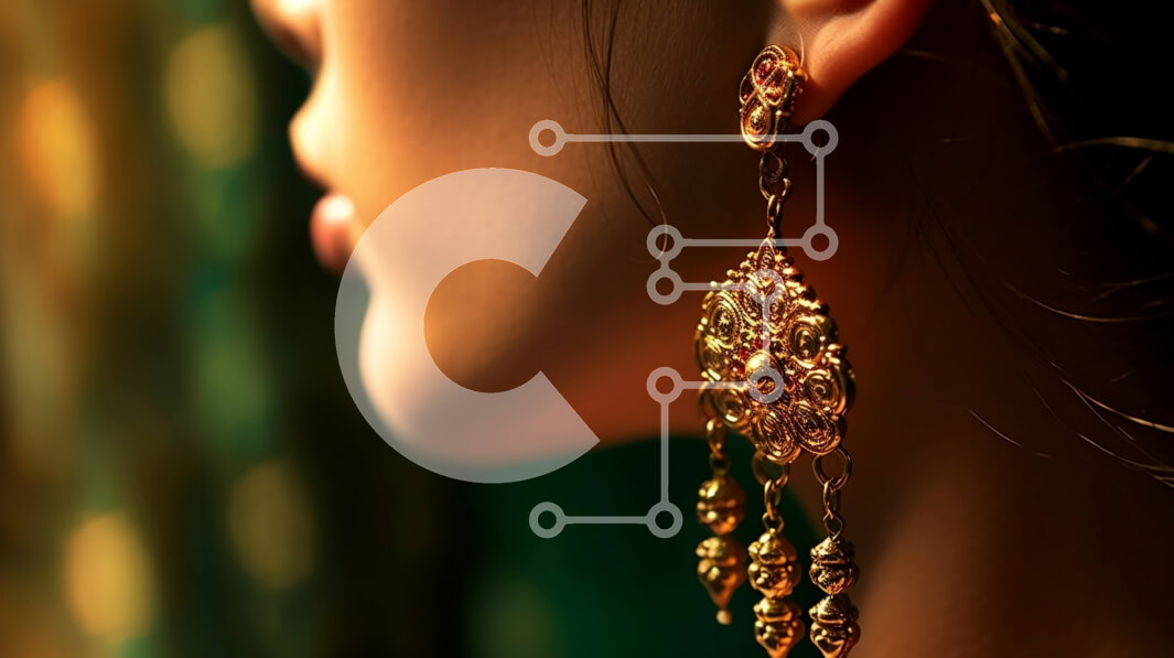 Intra Συλλεκτικό Ξύλινο Παζλ Plywood  4mm - Όμορφη γυναίκα που φορά περίτεχνα χρυσά σκουλαρίκια με αλυσίδες και χάντρες Σε Ξύλινο Κουτί - Διαστάσεις Puzzle: 10x10 cm – 25 κομμάτια