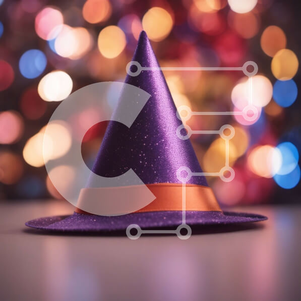 Intra Συλλεκτικό Ξύλινο Παζλ Plywood  4mm - Μωβ καπέλο μάγισσας στο τραπέζι με φόντο θολή πολύχρωμα φώτα Σε Ξύλινο Κουτί - Διαστάσεις Puzzle: 10x10 cm – 25 κομμάτια