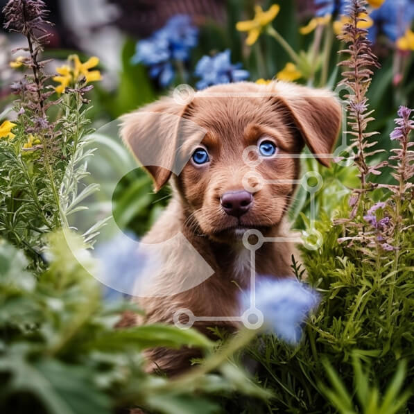 Intra Συλλεκτικό Ξύλινο Παζλ Plywood  4mm - Αξιολάτρευτη εικόνα ενός σκύλου σε έναν κήπο με λουλούδια Σε Ξύλινο Κουτί - Διαστάσεις: 10x10 cm – 25 κομμάτια