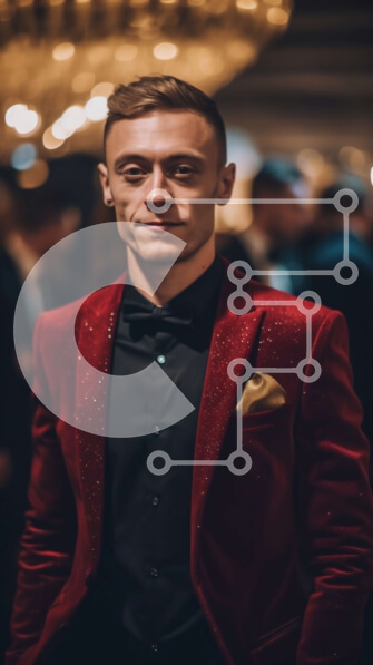 Intra Συλλεκτικό Ξύλινο Παζλ Plywood  4mm - Αριστοκρατικός άνδρας με κόκκινο σακάκι και μαύρο παντελόνι που στέκεται σε κομψό δωμάτιο με πολυελαίους Σε Ξύλινο Κουτί - Διαστάσεις Puzzle: 10x10 cm – 25 κομμάτια