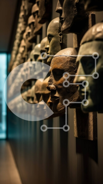 Intra Συλλεκτικό Ξύλινο Παζλ Plywood  4mm - Μάσκες με ιστορική σημασία σε σκοτεινό πέτρινο τοίχο Σε Ξύλινο Κουτί - Διαστάσεις Puzzle: 10x10 cm – 25 κομμάτια