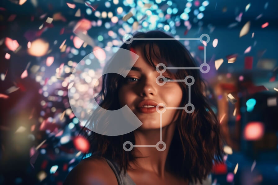 Intra Συλλεκτικό Ξύλινο Παζλ Plywood  4mm - Χαρούμενη νεαρή γυναίκα καλυμμένη με κομφετί σε πολύχρωμο φόντο Σε Ξύλινο Κουτί - Διαστάσεις Puzzle: 10x10 cm – 25 κομμάτια