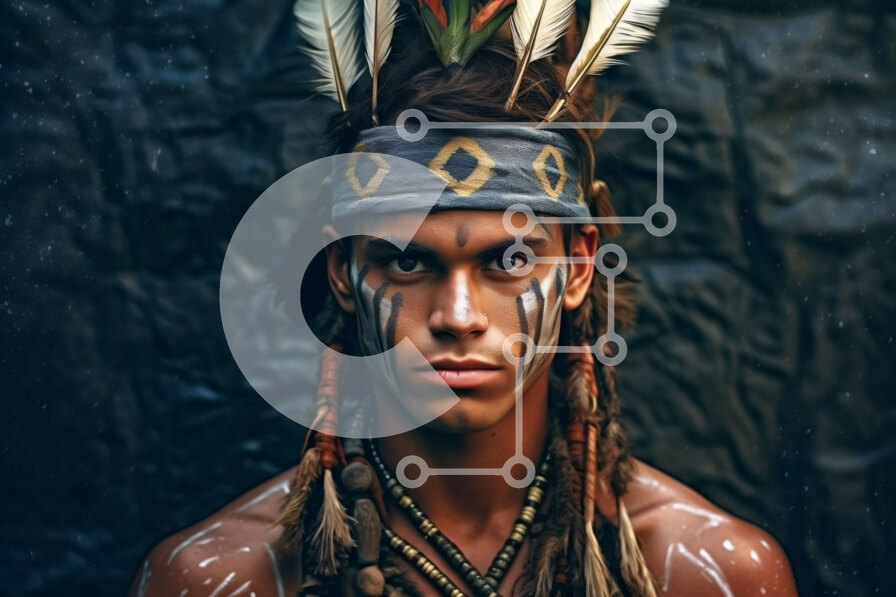 Intra Συλλεκτικό Ξύλινο Παζλ Plywood  4mm - Σοβαρός νεαρός άνδρας με κόμμωση ιθαγενών Αμερικανών και μπογιά προσώπου Σε Ξύλινο Κουτί - Διαστάσεις Puzzle: 10x10 cm – 25 κομμάτια