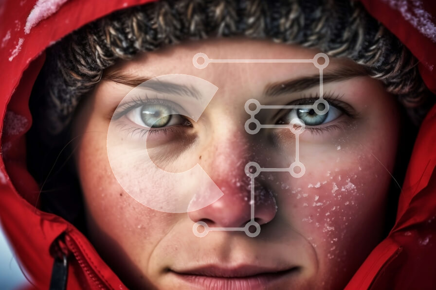 Intra Συλλεκτικό Ξύλινο Παζλ Plywood  4mm - Κομψή γυναίκα με κόκκινο σακάκι και κουκούλα με χιόνι στο πρόσωπο και τα μαλλιά Σε Ξύλινο Κουτί - Διαστάσεις Puzzle: 10x10 cm – 25 κομμάτια